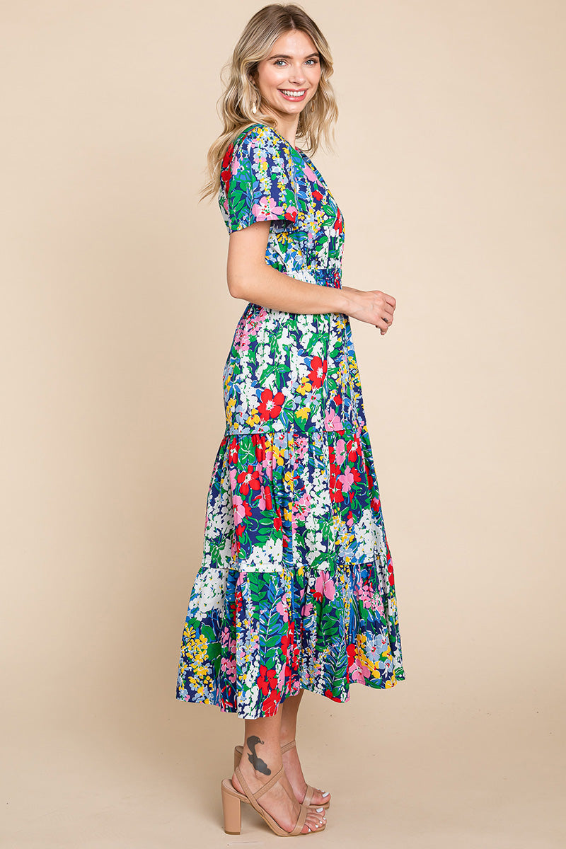 Tiered Floral Print V Neck Cotton Midi Dress