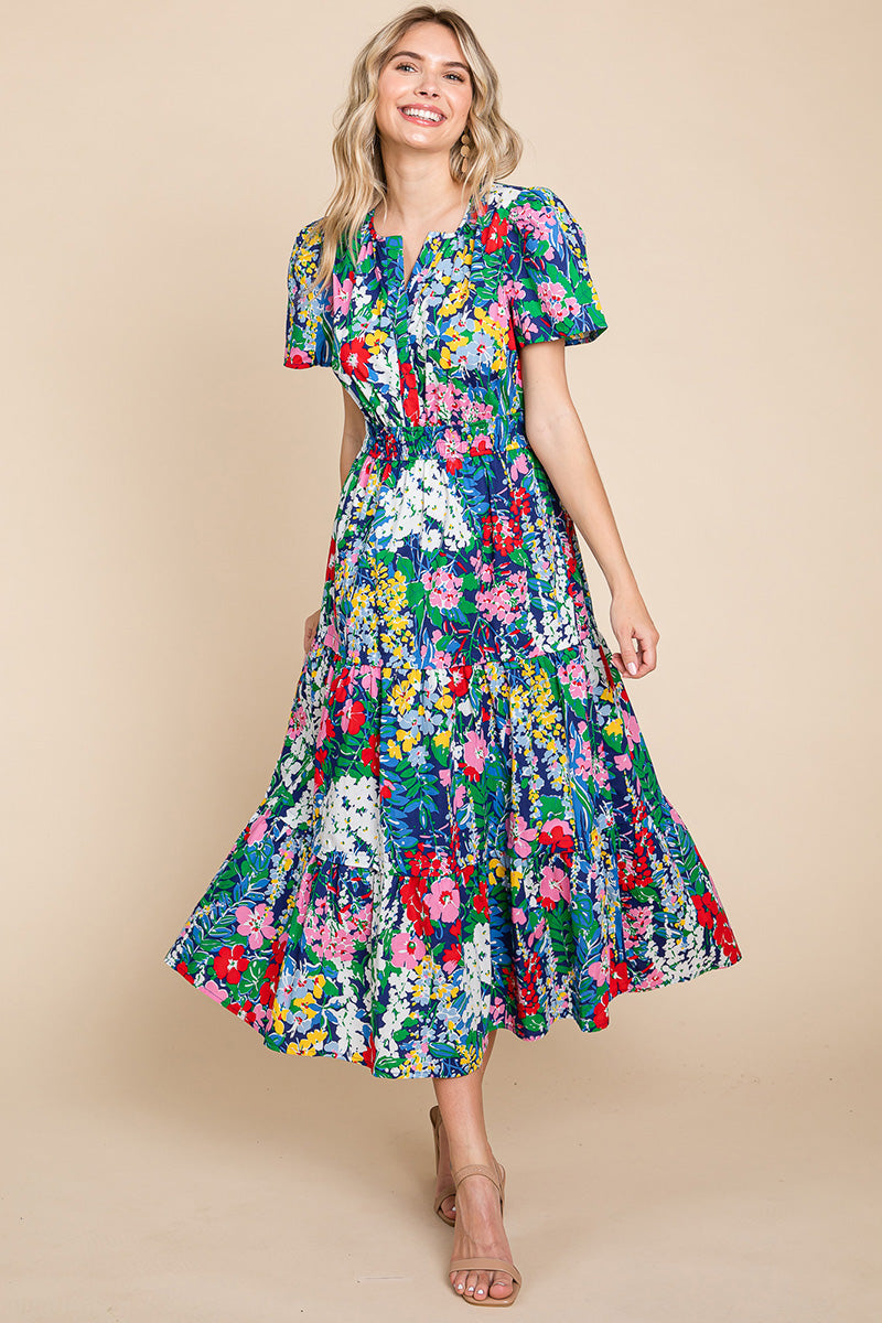Tiered Floral Print V Neck Cotton Midi Dress