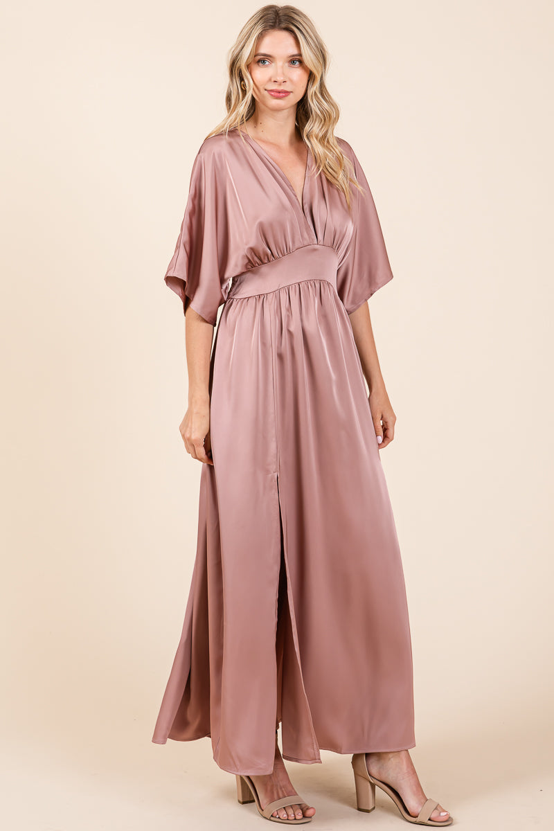 Double Satin Split Hem Smocked Kimono Maxi Dress
