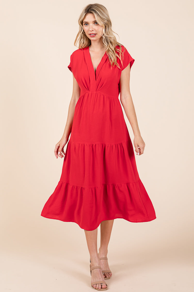 V Neck Tiered Cap Sleeve Pleated Ruffle Midi Dress