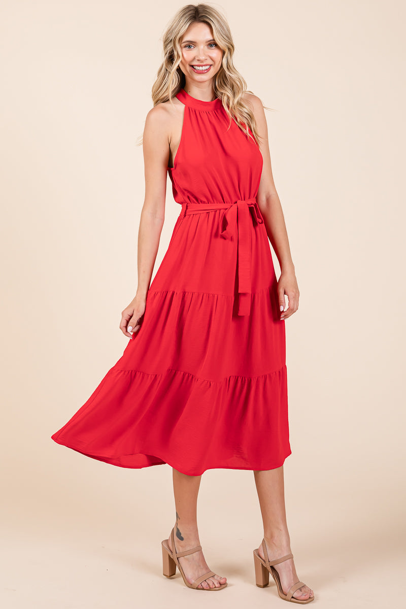 Halter Neck Belted Tiered Ruffle Midi Dress