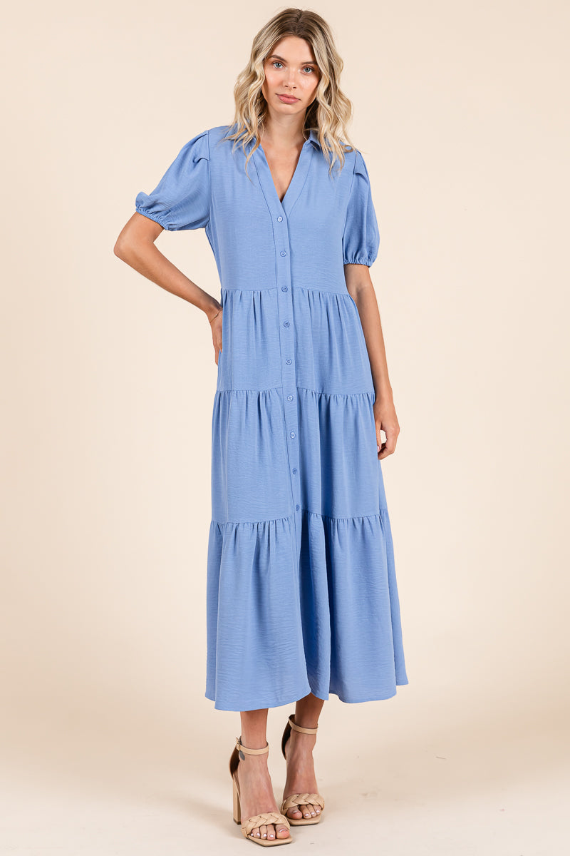 Tiered Button Down Puff Sleeve Midi Dress
