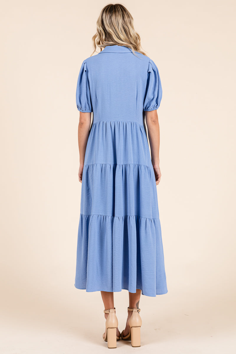 Tiered Button Down Puff Sleeve Midi Dress