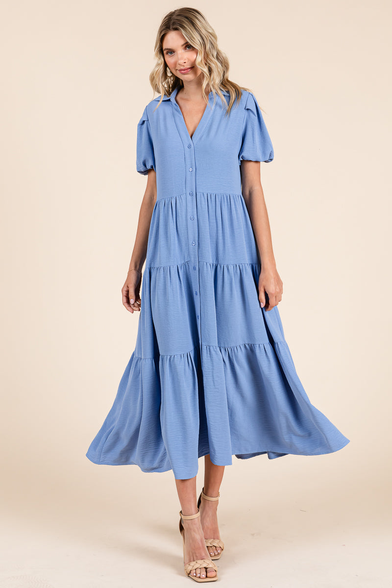 Tiered Button Down Puff Sleeve Midi Dress