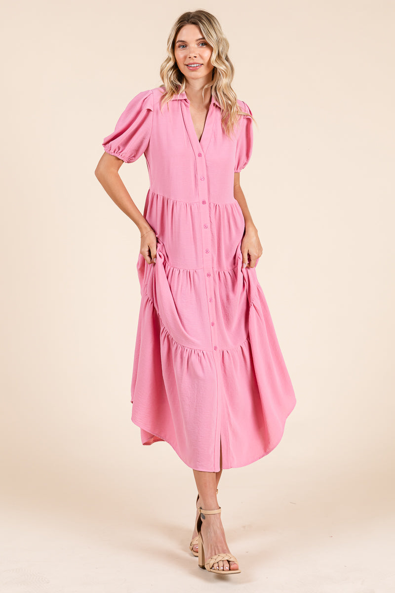Tiered Button Down Puff Sleeve Midi Dress