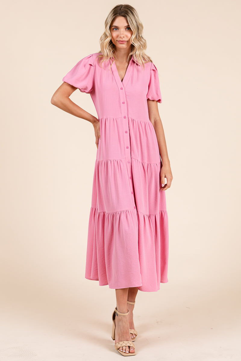 Tiered Button Down Puff Sleeve Midi Dress