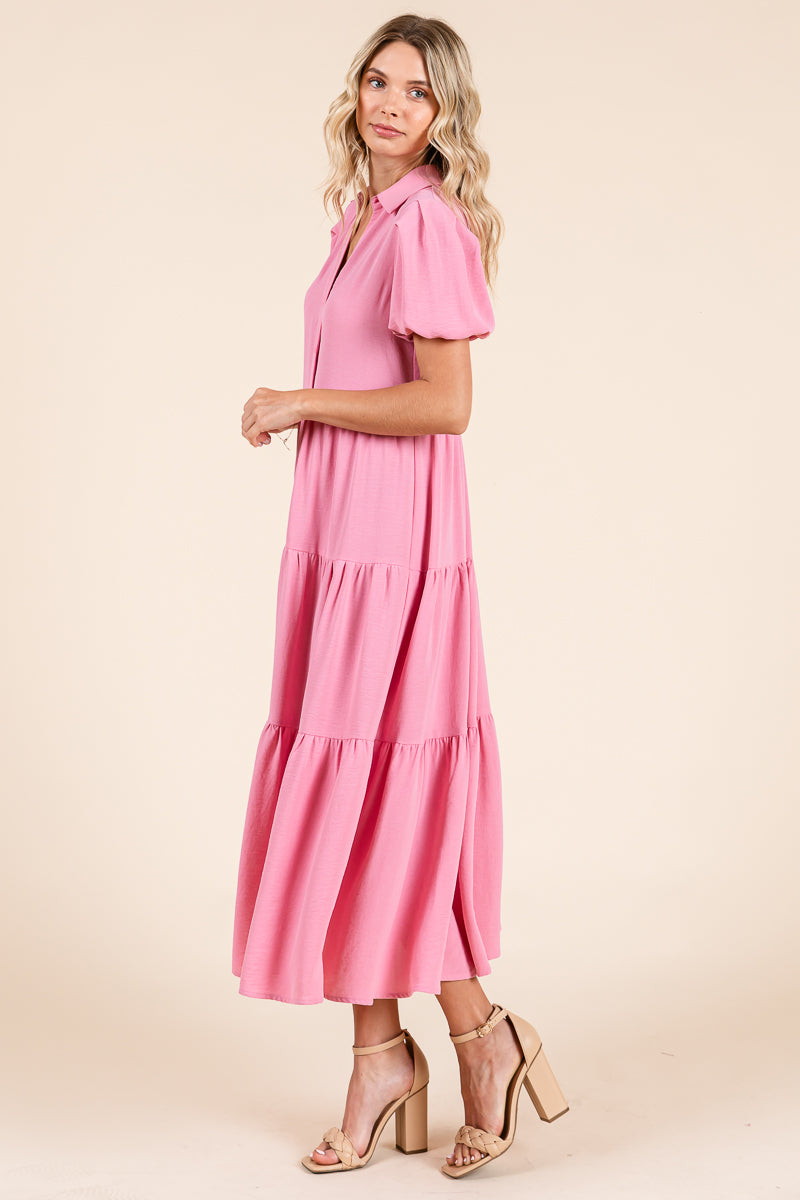 Tiered Button Down Puff Sleeve Midi Dress