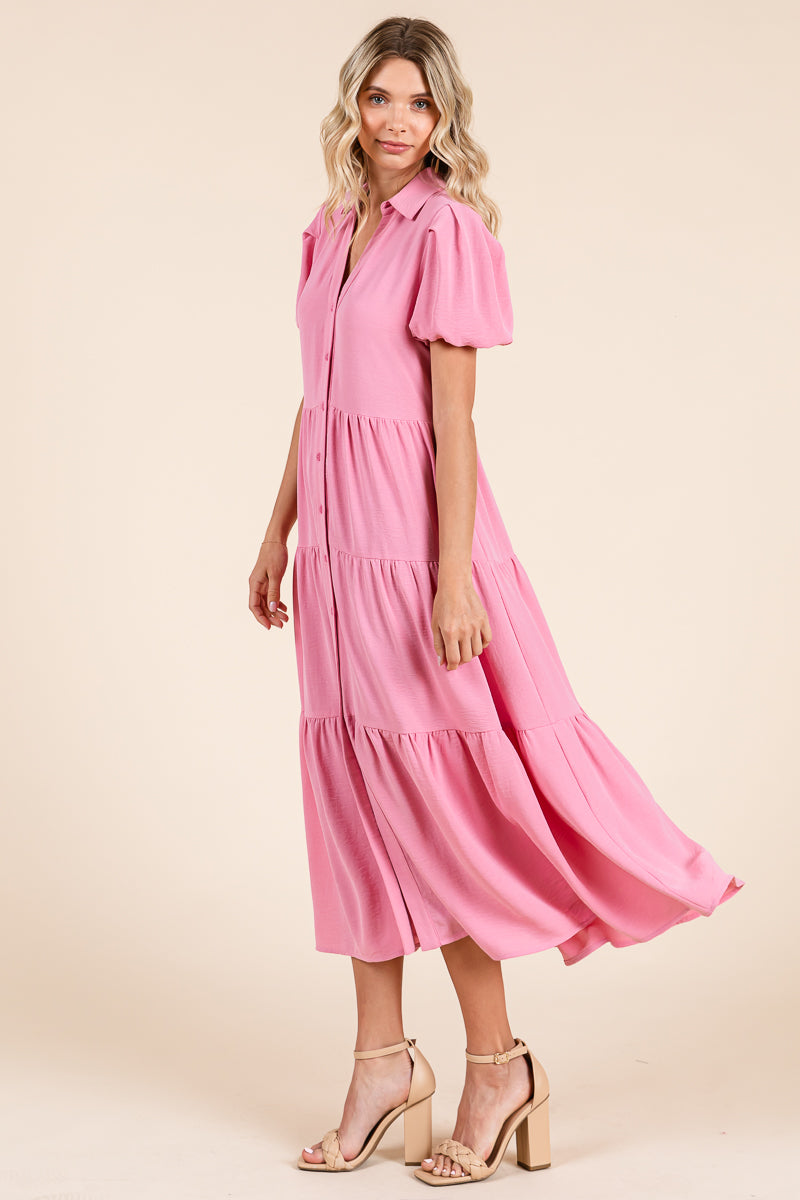 Tiered Button Down Puff Sleeve Midi Dress