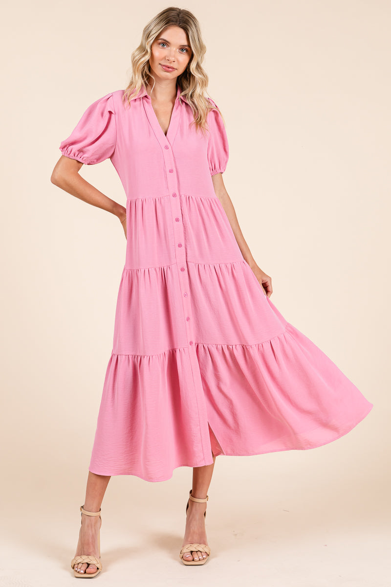 Tiered Button Down Puff Sleeve Midi Dress