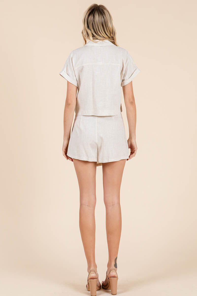 Natural Linen-Blend Collared Top & Wrap Skort Set