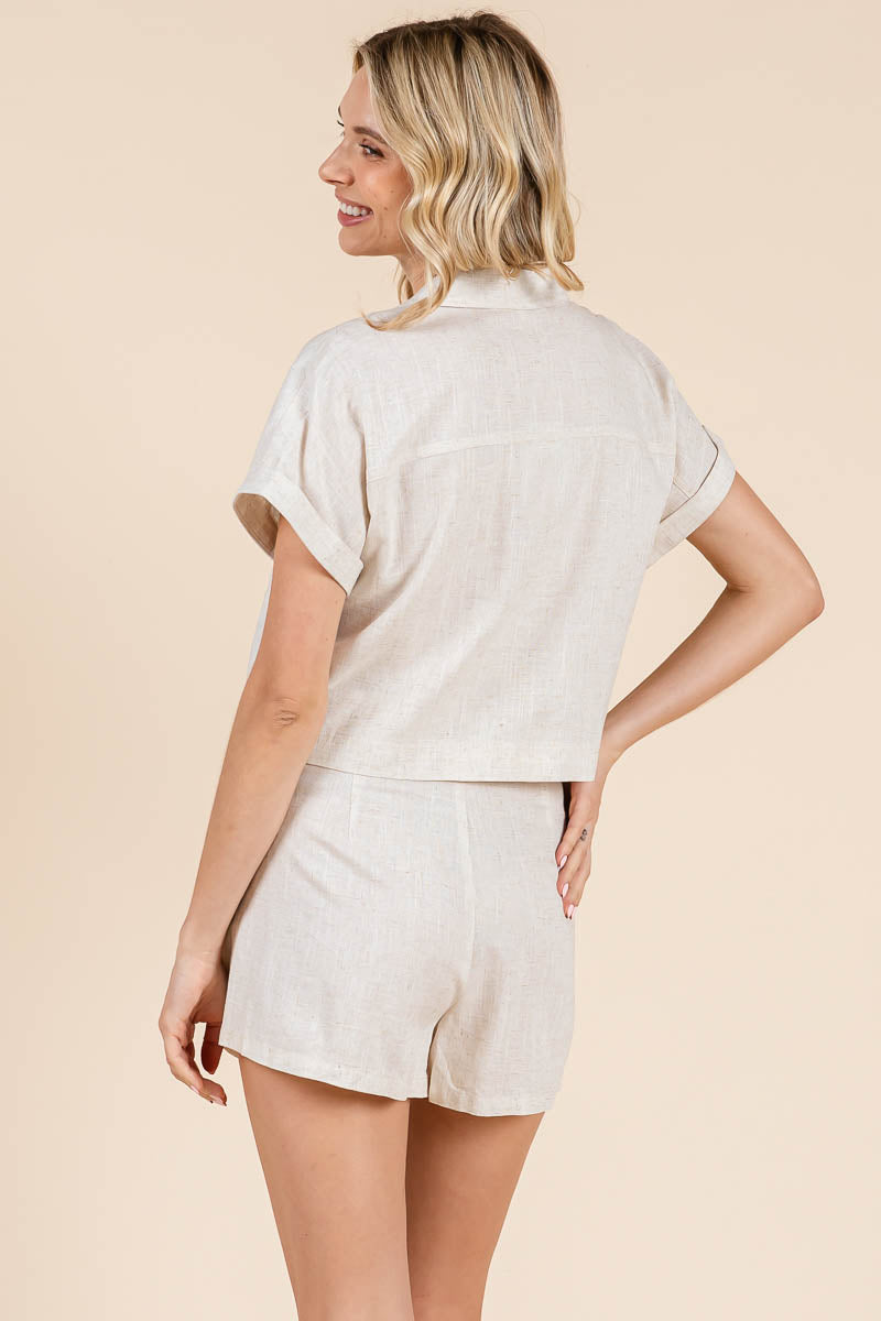 Natural Linen-Blend Collared Top & Wrap Skort Set