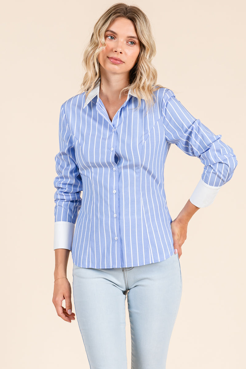 Stripe Button Down Blouse with Contrast Collar