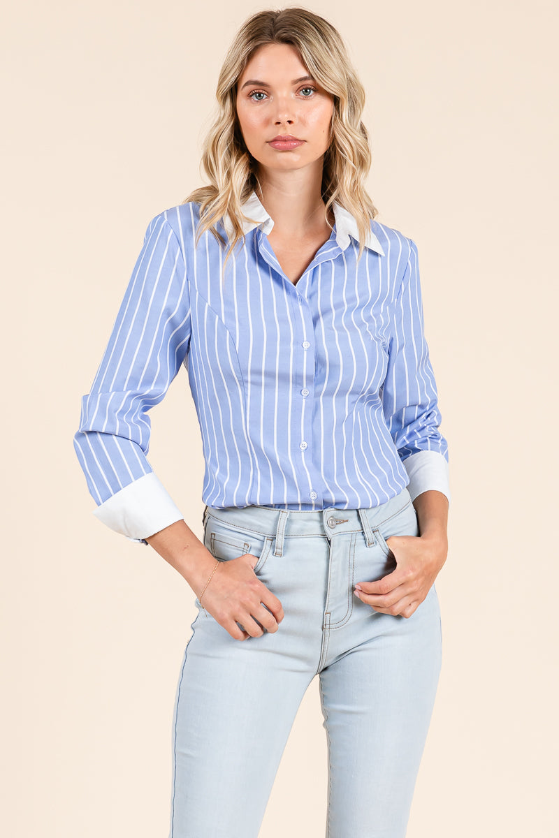 Stripe Button Down Blouse with Contrast Collar