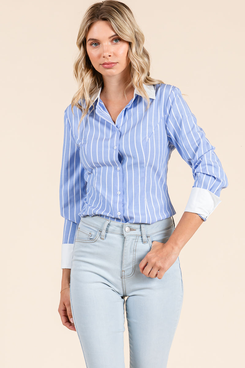 Stripe Button Down Blouse with Contrast Collar