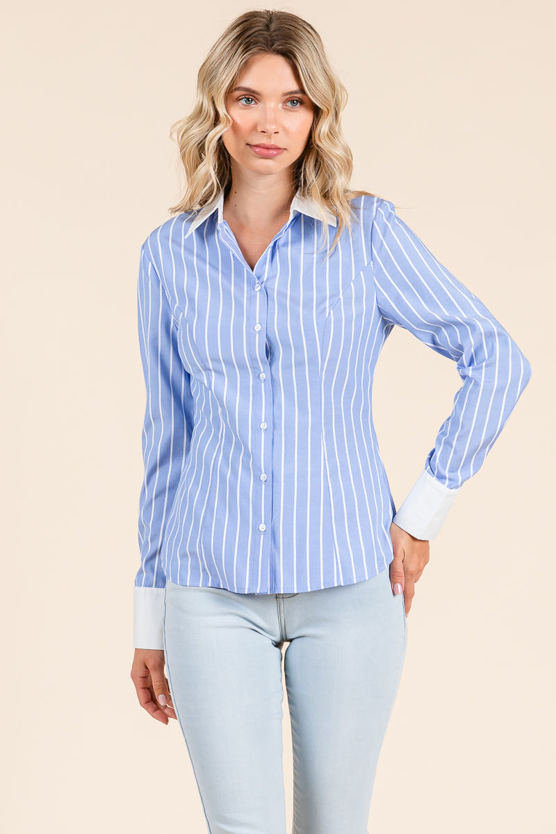 Stripe Button Down Blouse with Contrast Collar