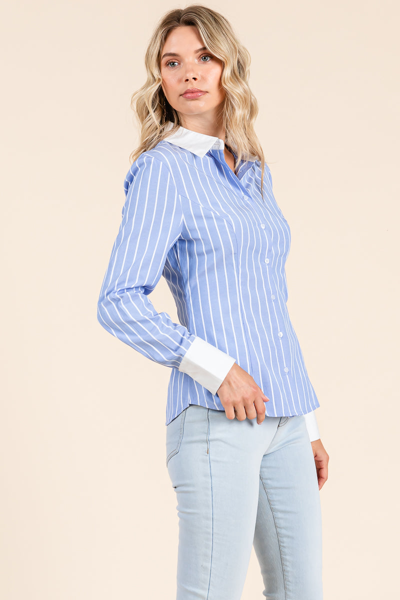Stripe Button Down Blouse with Contrast Collar
