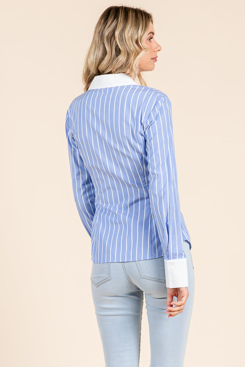Stripe Button Down Blouse with Contrast Collar