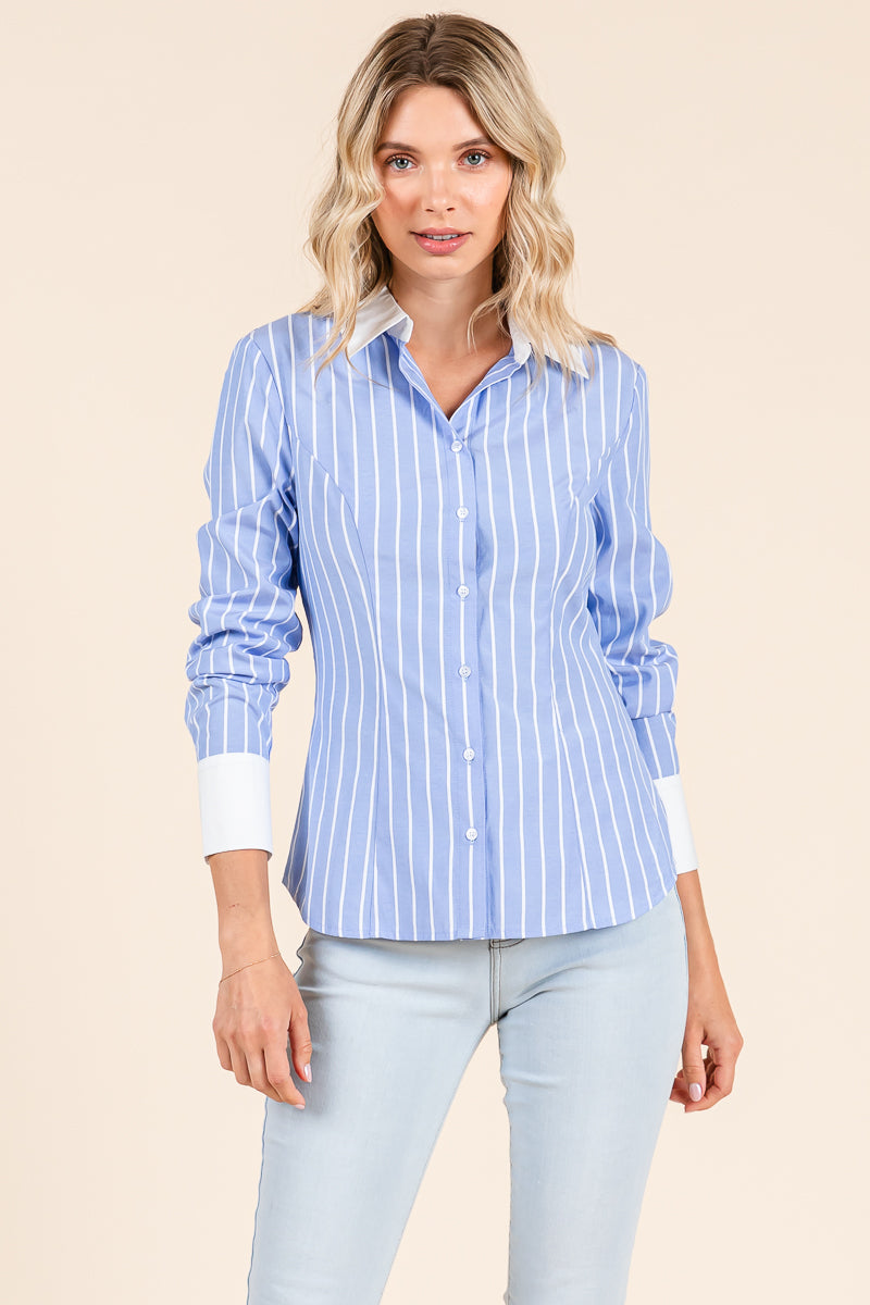Stripe Button Down Blouse with Contrast Collar