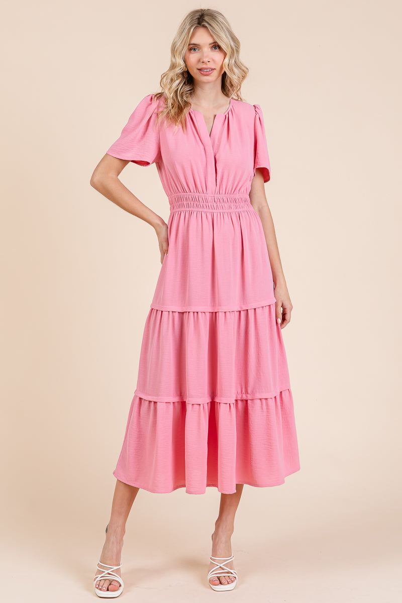 V neck Short Sleeve Layered Maxi Dress