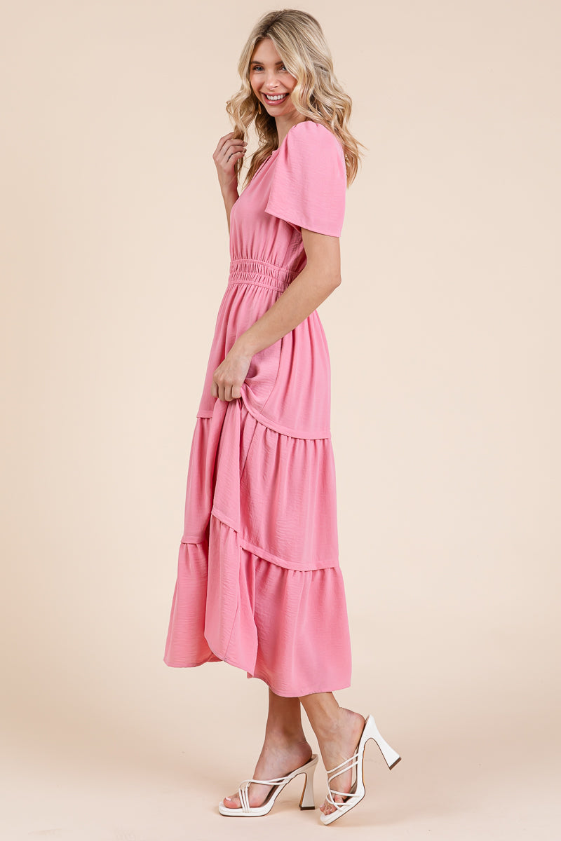 V neck Short Sleeve Layered Maxi Dress