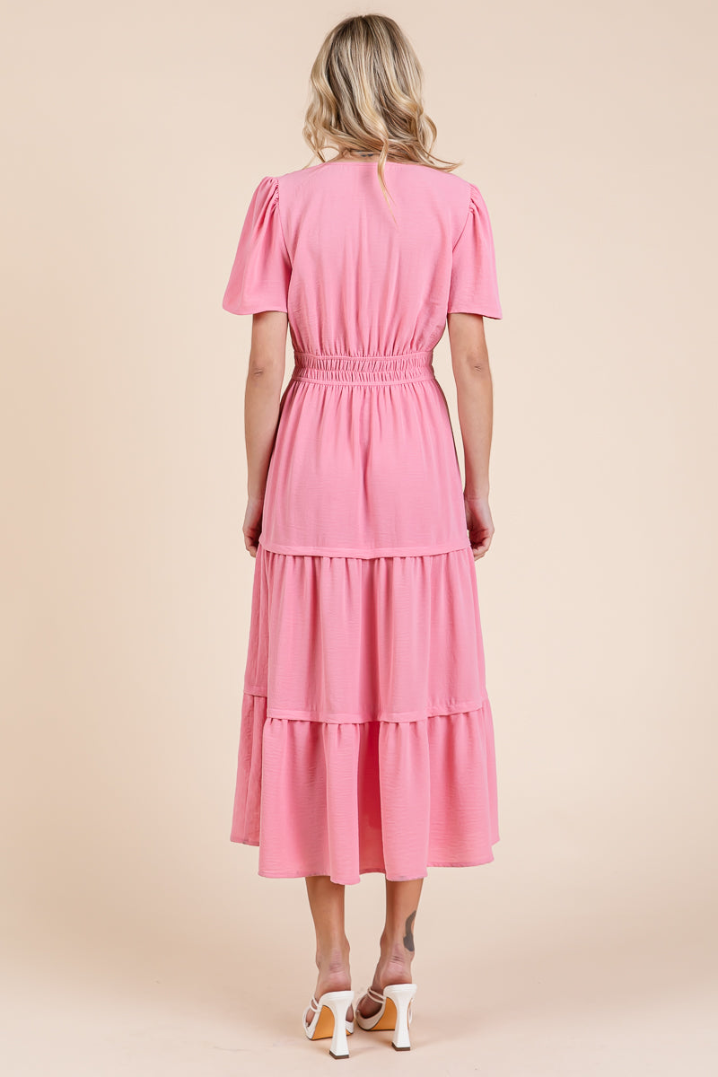 V neck Short Sleeve Layered Maxi Dress