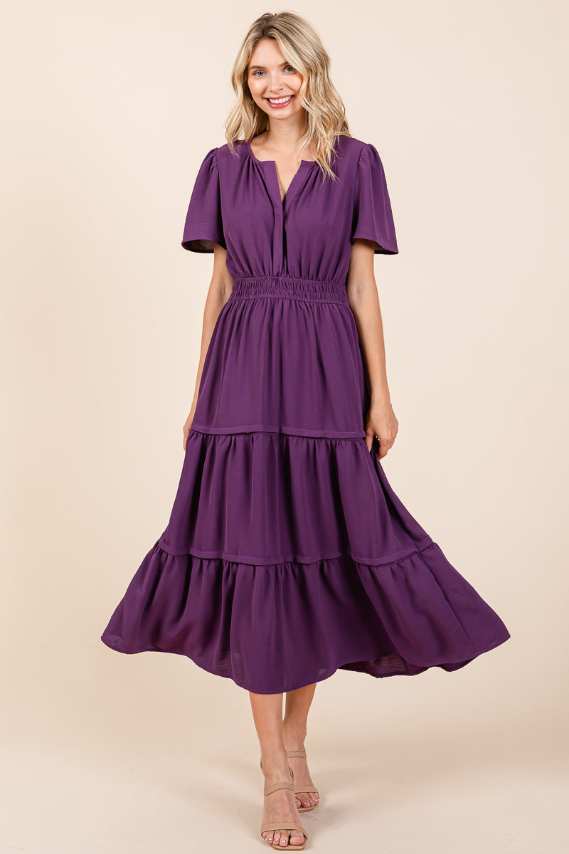 V neck Short Sleeve Layered Maxi Dress