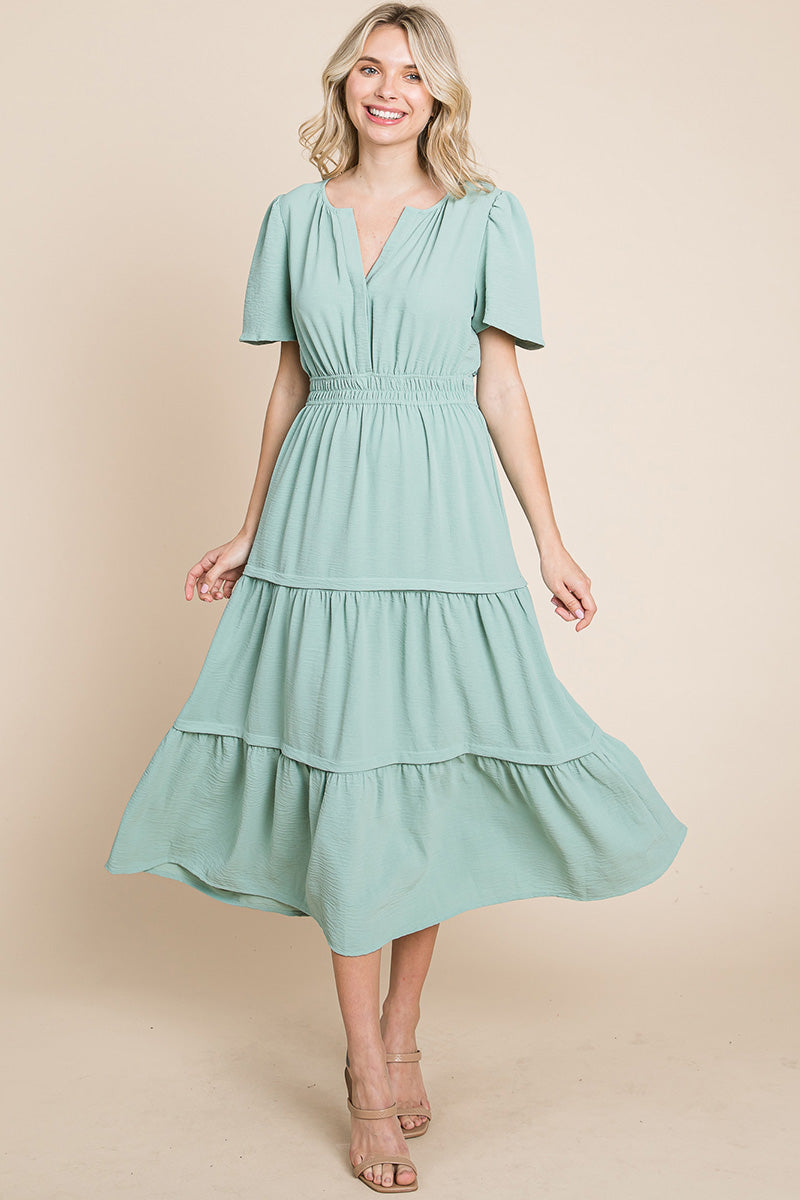 V neck Short Sleeve Layered Maxi Dress