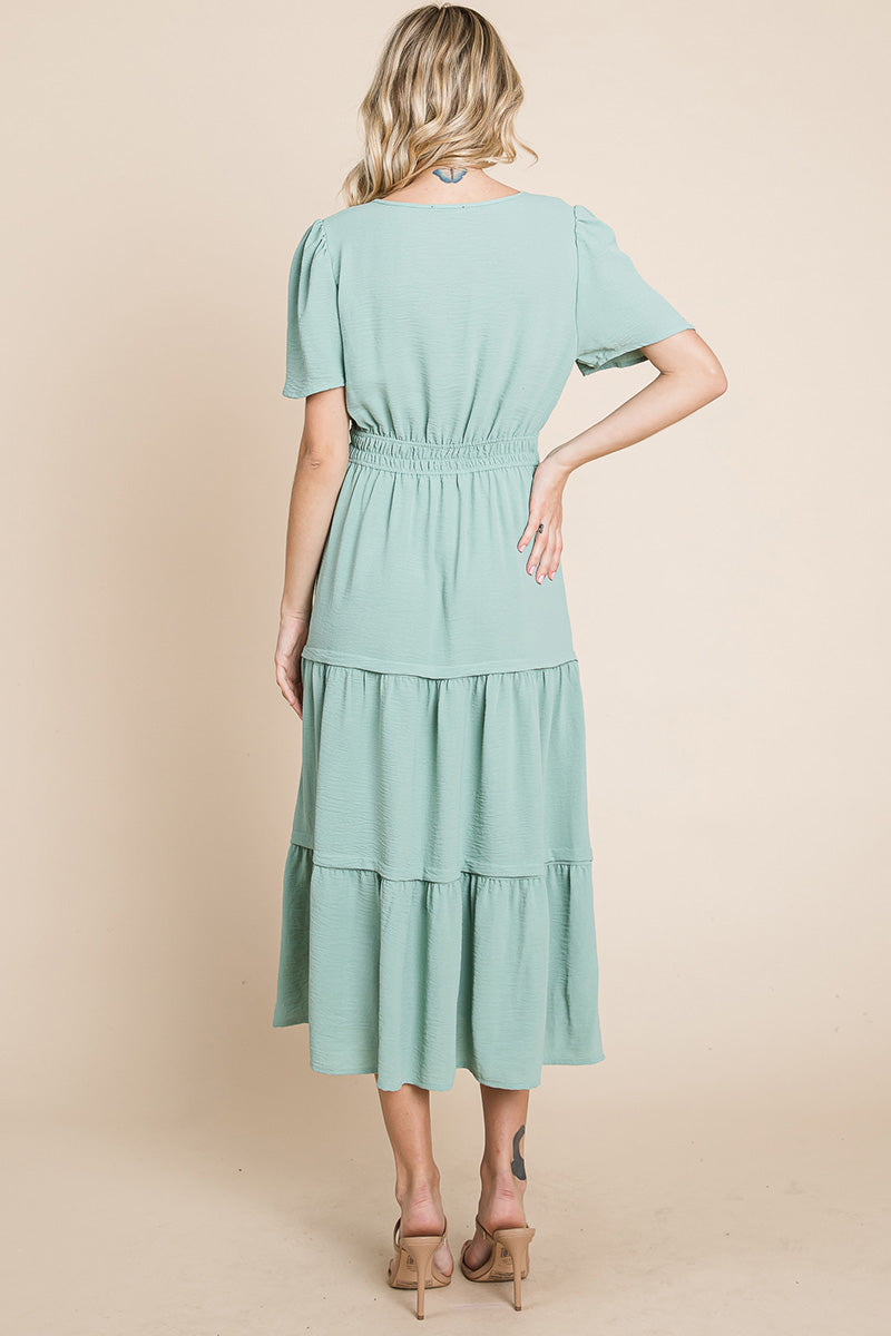 V neck Short Sleeve Layered Maxi Dress