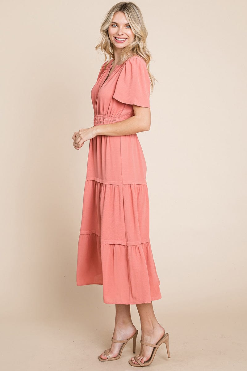 V neck Short Sleeve Layered Maxi Dress