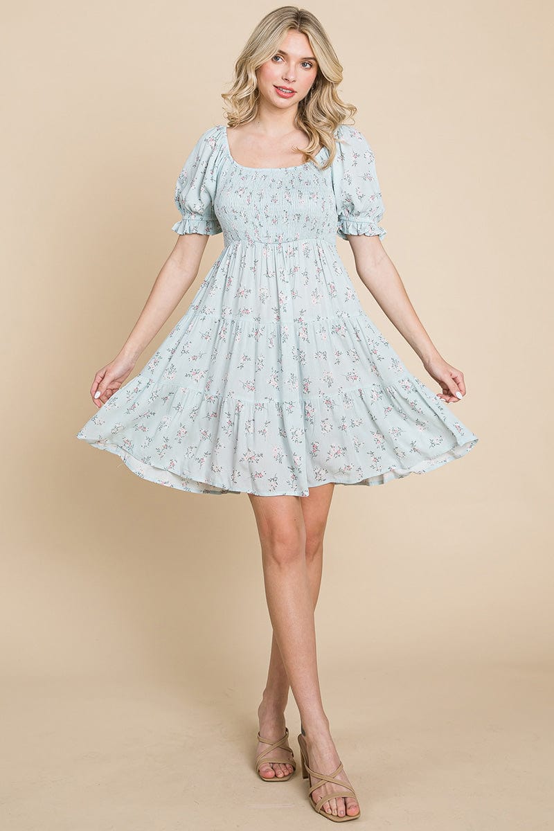 Smocked Floral Puff Short Sleeve Tiered Dress