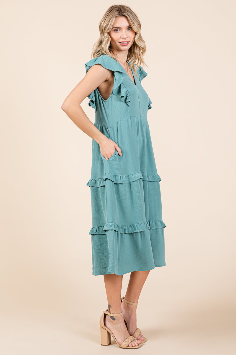 Ruffled Cap Sleeve Tiered V neck Midi dress