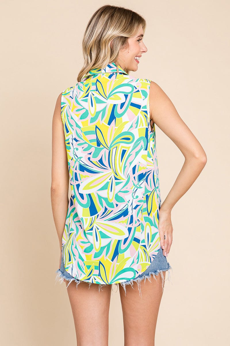 Collared Sleeveless Printed Blouse