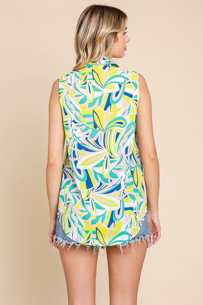 Collared Sleeveless Printed Blouse