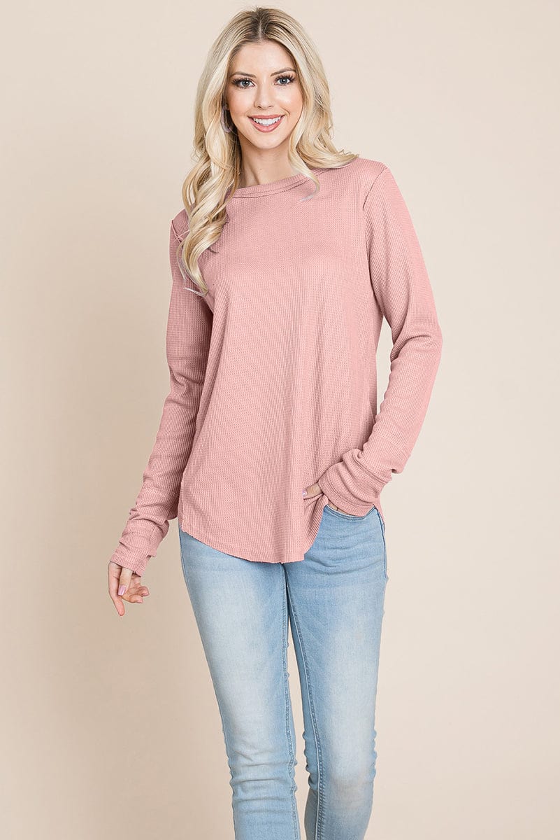 Casual Comfy Knit Waffle Pullover Raw Edge Tops