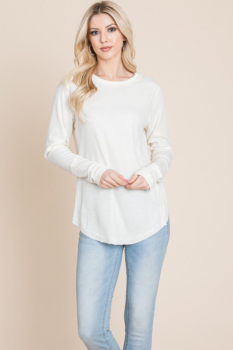 Casual Comfy Knit Waffle Pullover Raw Edge Tops