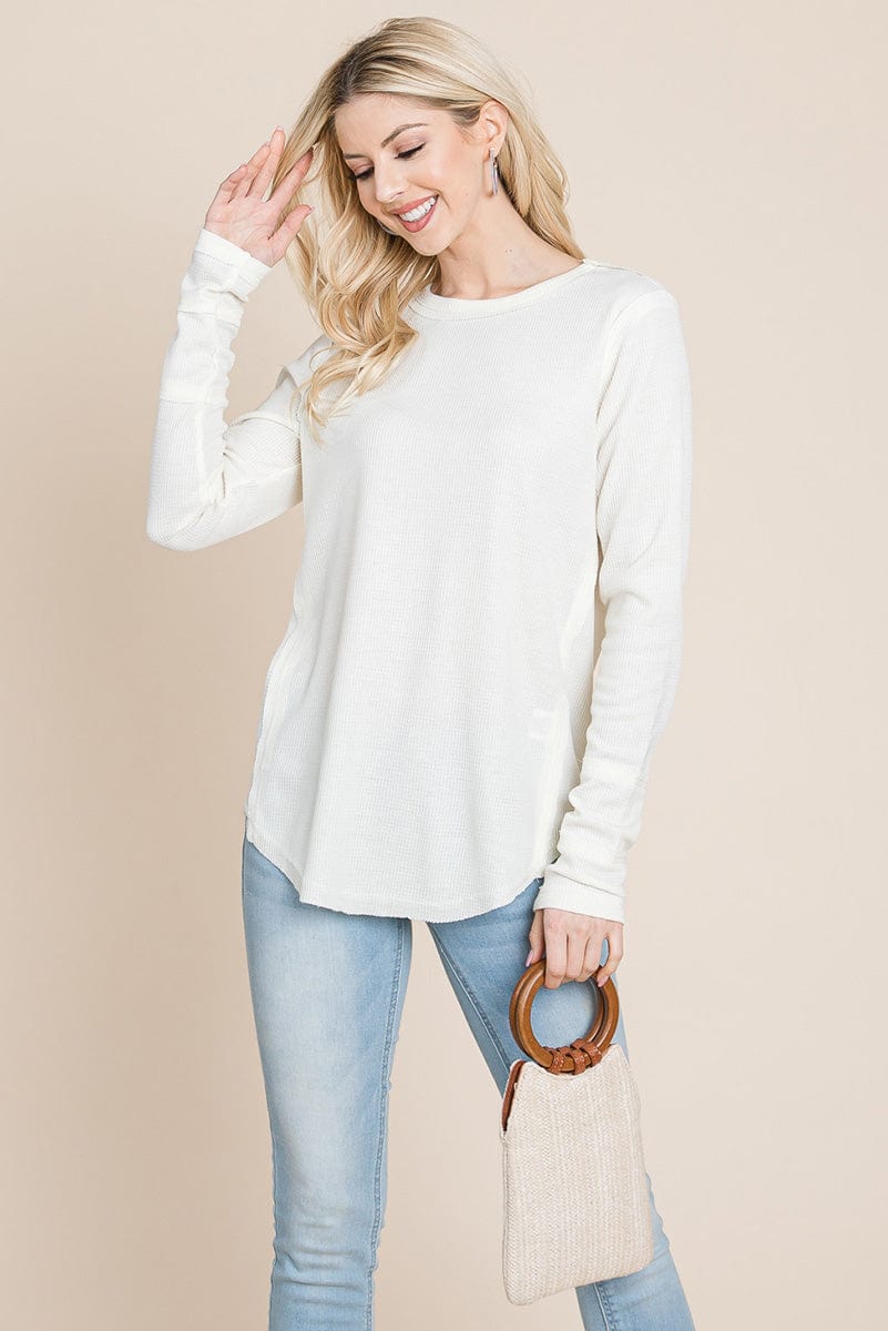 Casual Comfy Knit Waffle Pullover Raw Edge Tops