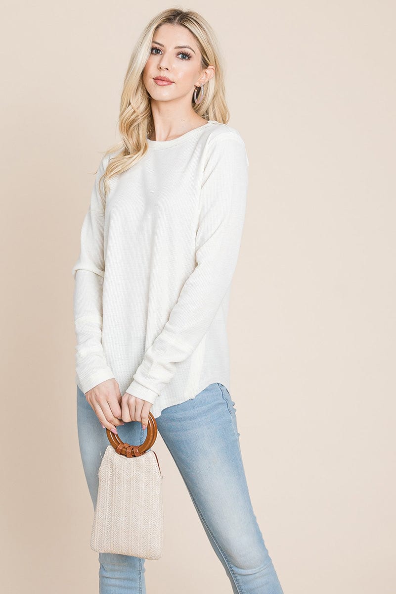 Casual Comfy Knit Waffle Pullover Raw Edge Tops
