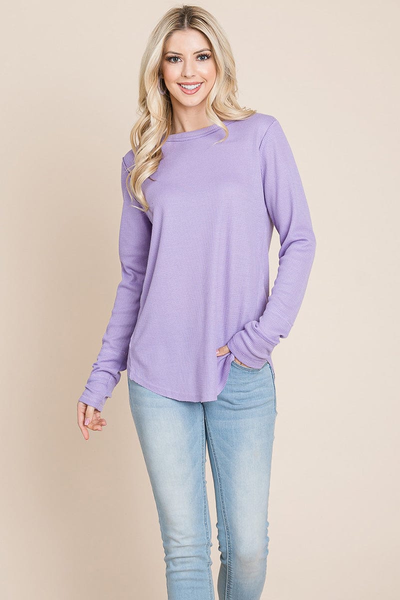 Casual Comfy Knit Waffle Pullover Raw Edge Tops