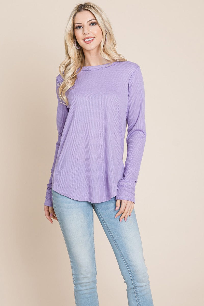 Casual Comfy Knit Waffle Pullover Raw Edge Tops