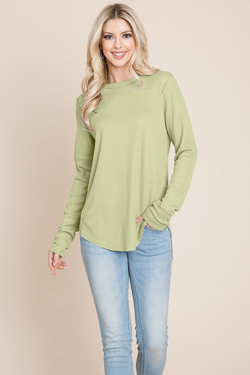 Casual Comfy Knit Waffle Pullover Raw Edge Tops