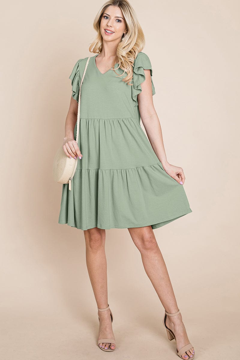 Tiered Ruffle Hem and Sleeve Cotton Dress