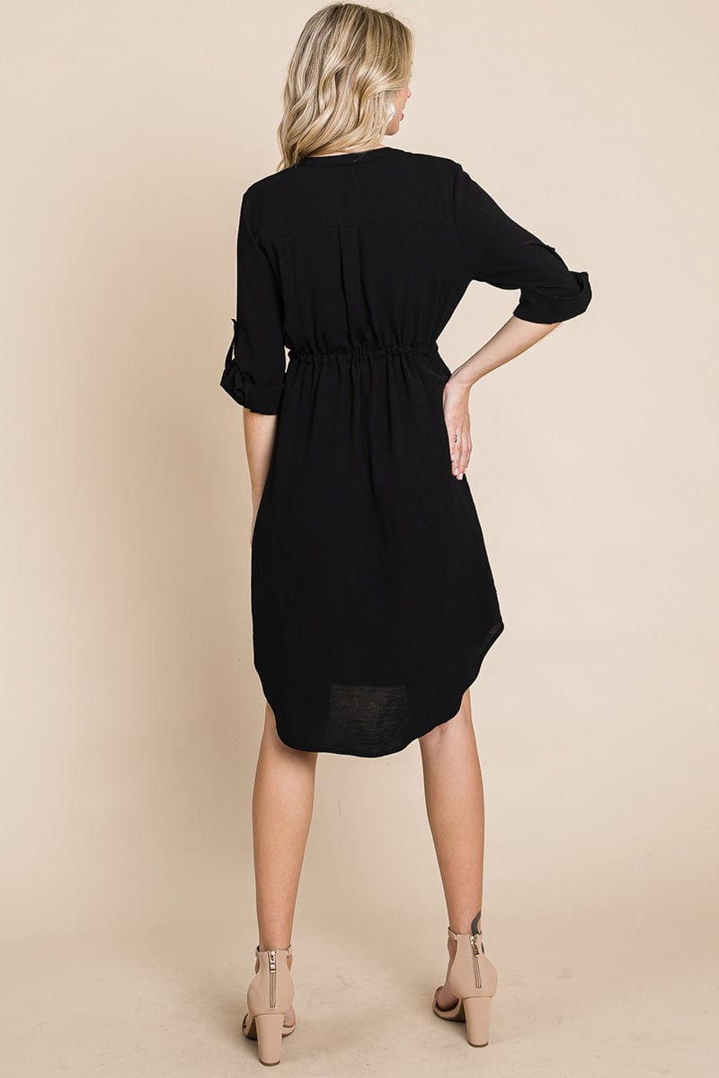 3/4 Sleeve Buttoned Waist Tie V Neck Shirt Dress