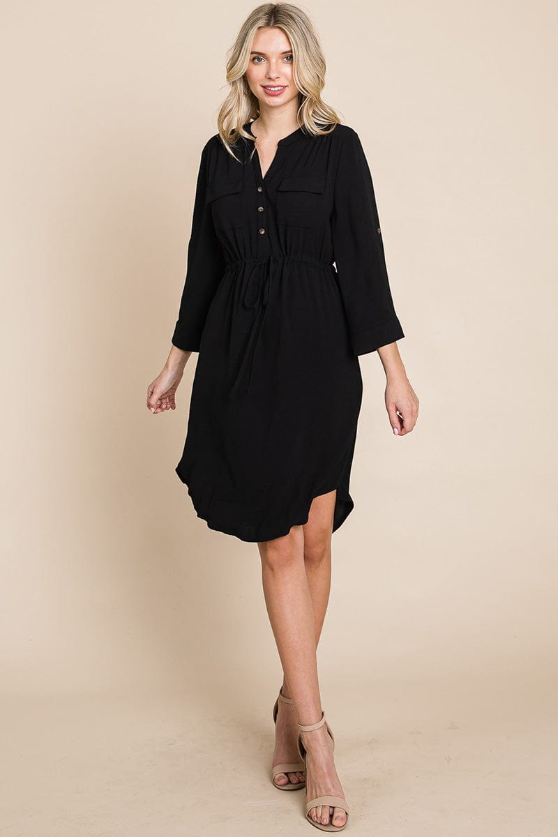 3/4 Sleeve Buttoned Waist Tie V Neck Shirt Dress