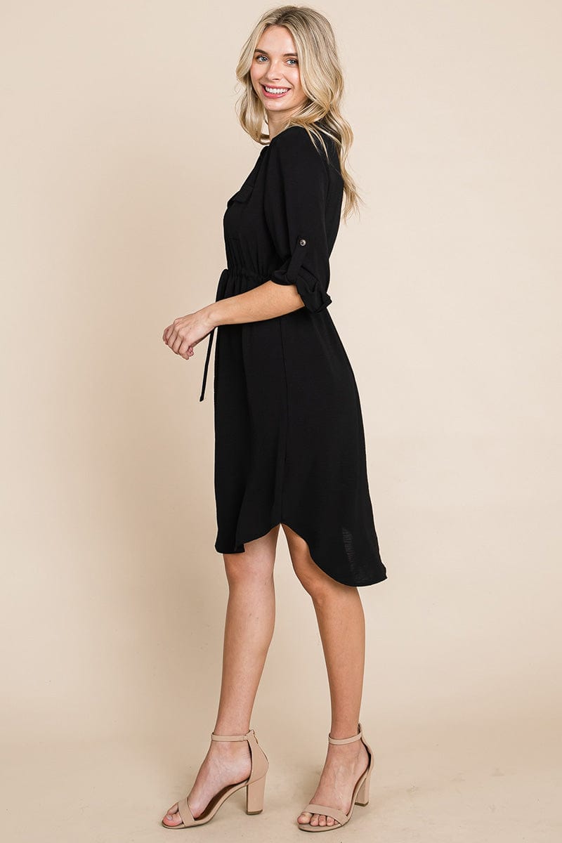 3/4 Sleeve Buttoned Waist Tie V Neck Shirt Dress