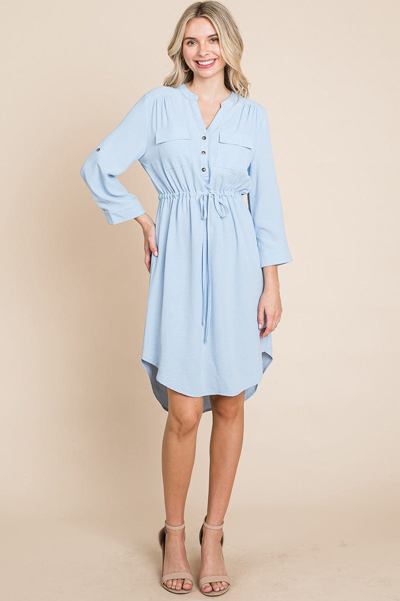 3/4 Sleeve Buttoned Waist Tie V Neck Shirt Dress