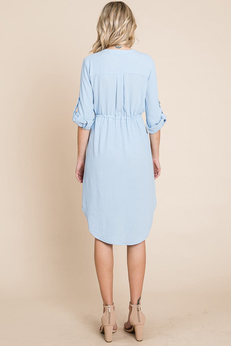3/4 Sleeve Buttoned Waist Tie V Neck Shirt Dress