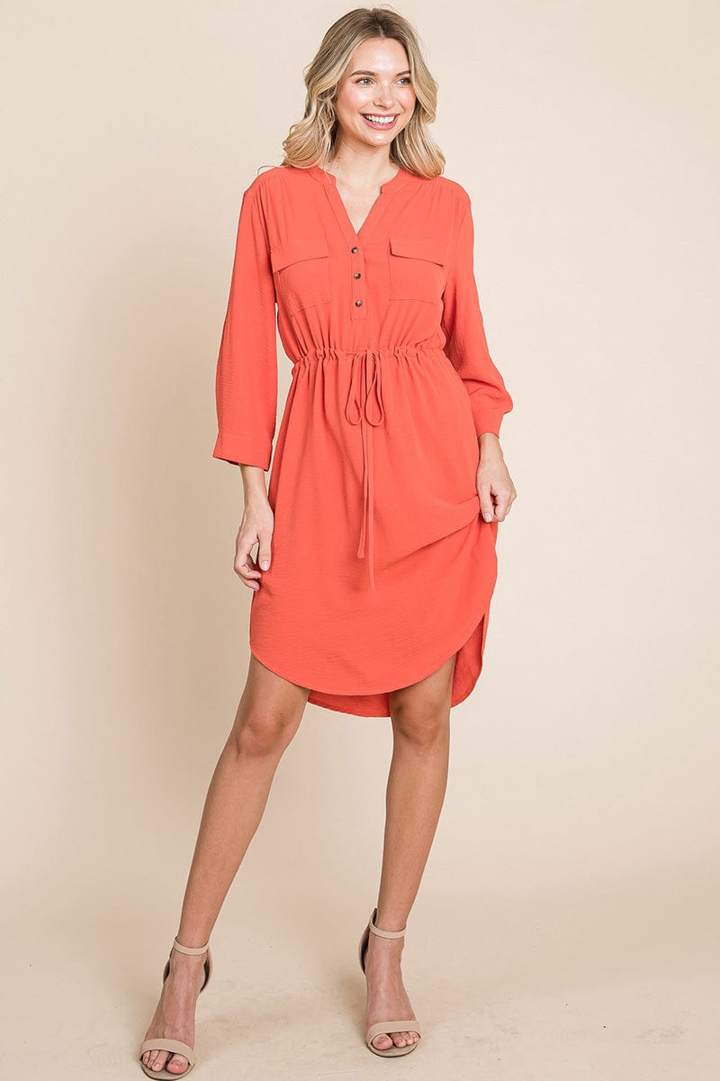 3/4 Sleeve Buttoned Waist Tie V Neck Shirt Dress