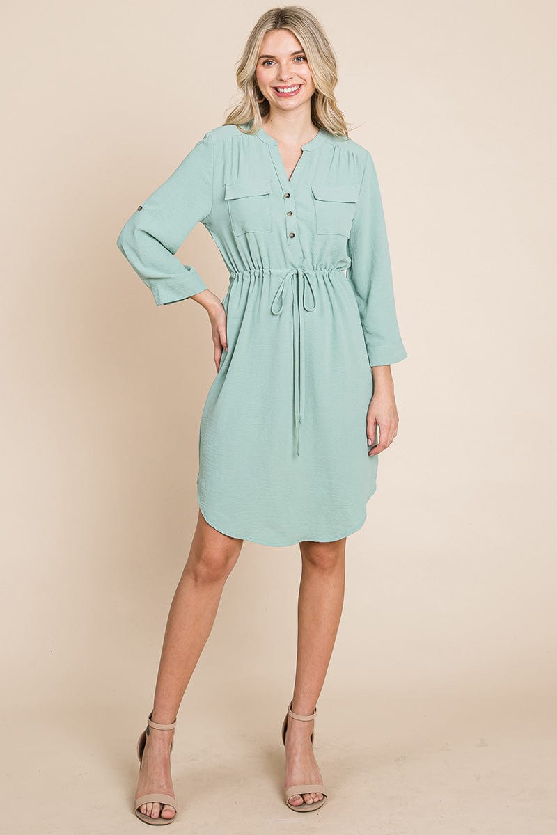3/4 Sleeve Buttoned Waist Tie V Neck Shirt Dress