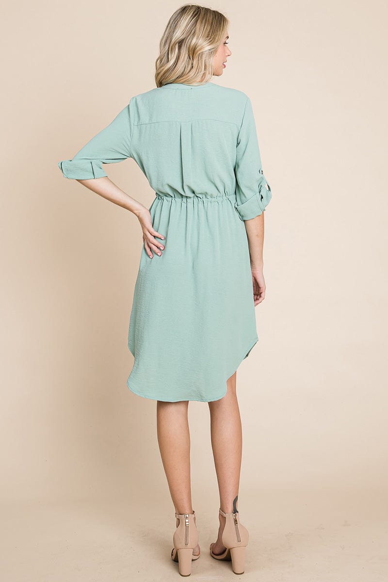3/4 Sleeve Buttoned Waist Tie V Neck Shirt Dress