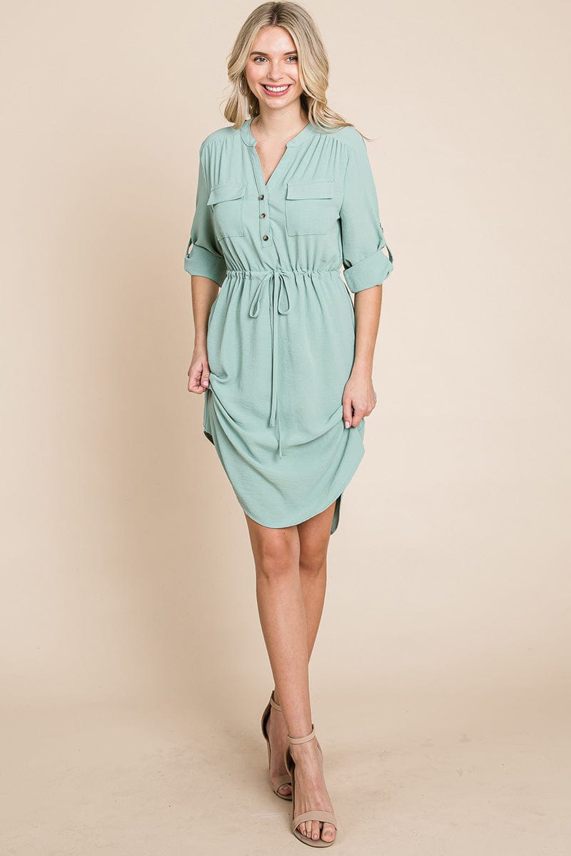 3/4 Sleeve Buttoned Waist Tie V Neck Shirt Dress